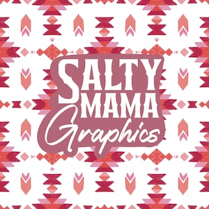May include: A white background with a repeating pattern of geometric shapes in shades of red and pink. The text "SALTY MAMA Graphics" is overlaid on a mauve-colored shape.