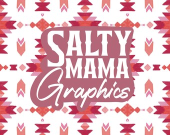 May include: A white background with a repeating pattern of geometric shapes in shades of red and pink. The text "SALTY MAMA Graphics" is overlaid on a mauve-colored shape.