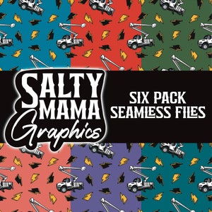 Puede incluir: Diseño gráfico digital con seis patrones sin costuras. Cada patrón presenta un camión de servicios públicos, rayos y postes eléctricos sobre varios fondos de colores. También está presente el texto "Salty Mama Graphics" y "Six Pack Seamless Files".