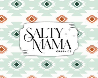 May include: A white background with a teal, white, and orange geometric pattern. The text "Salty Mama Graphics" is in black cursive font on a white background with a brushstroke effect.