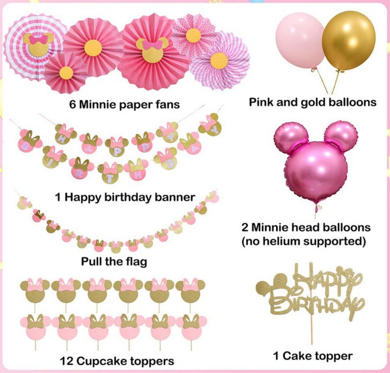 May include: Pink and gold Minnie Mouse themed party decorations including paper fans, a banner, cupcake toppers, a cake topper, and balloons. The banner says "Happy Birthday".