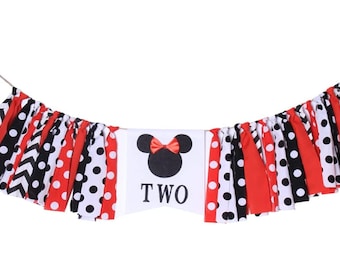 Black Red Minnie Bow Year Birthday Banner Minnie High Chair Banner Minnie Mouse Birthday Supplies 2nd Birthday Photo Props Baby Shower Decor