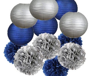 12PCS Navy Blue Silver Party Decor Tissue Pom Poms Paper Lanterns Boys Birthday Party Set Boy Baby Shower Father Day Bachelor Party Wedding