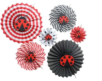 6PCS Red Black Ladybug Tissue Paper Fans for Ladybug Themed Party Decor Baby Shower Birthday Party Photo Props Decor