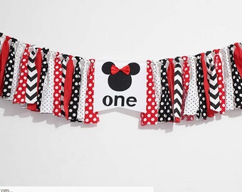 Minnie Mouse Birthday Banner,Black and Red Minnie Bow 1st One Year Birthday Banner High Chair Banner Minnie High Chair Banner 1st Birthday