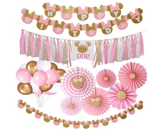 39Pcs Minnie Mouse 1st Birthday Party Supplies Pack Minnie Birthday Banner Minnie Mouse High Chair Banner Minnie Paper Fans Garland Balloons