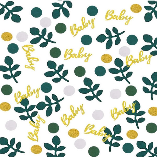 145 Pieces Greenery Baby Shower Confetti Decor with Eucalyptus Round Sage Green Gold Paper Table Confetti for Neutral Gender Reveal