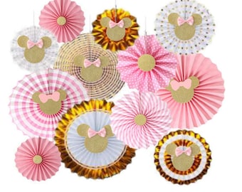 12 Pcs Pink Gold Glitter Minnie Mouse Tissue Paper Fans Minnie Birthday Party Decor Supplies Minnie Mouse Birthday Minnie Themed Party Decor