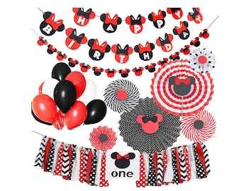 39 Pcs Red Black Minnie Mouse 1st Birthday Party Supplies Pack Minnie Birthday  Minnie High Chair Banner Minnie Paper Fans Garland Balloons