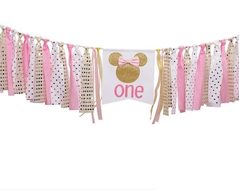 Handmade Mini Mouse Highchair Banner for 1st Birthday - Pink and Gold Glitter One High Chair Banner,1st Birthday Decorations