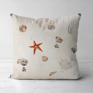Beach House Pillow Case, Marine Pillow Cover, Decorative Coastal Cushions, Coastal Throw Pillow, Orange Starfish Home Decor, Nautical Decor