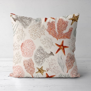 Beach House Pillow Case, Marine Pillow Cover, Decorative Coastal Cushions, Coastal Throw Pillow, Orange Starfish Home Decor, Nautical Decor