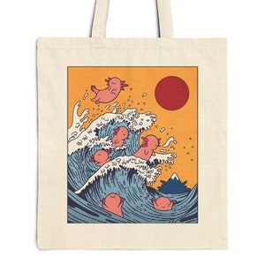 The Great Wave of Axolotls Natural Cotton Tote Bag - Gift for axolotl moms - Cute Kawaii print - Axolotl lover gift Bag - Cute animal tote