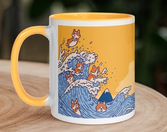 The Great Wave of Corgis Yellow Coloured Mug - Gift for Welsh Corgis lovers and Corgi dog mom- Corgi mama valentines gift - Corgi kawaii mug