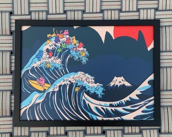 The Great Wave of Cats Wall Art - Japanese red sun wave by Hokusai, Kanagawa Wood block art print