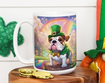 Brutus the English Bulldog Pup Leprechaun Plaid Mug 15oz, Coffee mug, tea mug, St. Patty's Day mug, St. Patrick's Day mug, Irish mug