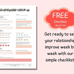 Op de afbeelding: Een roze en witte printbare relatie-check-in checklist met de tekst "RELATIONSHIP CHECK-IN" en "FREE Checklist (Worth $4)". De checklist bevat secties voor "Couple Check-In", "Self Check-In" en "Gratitude".
