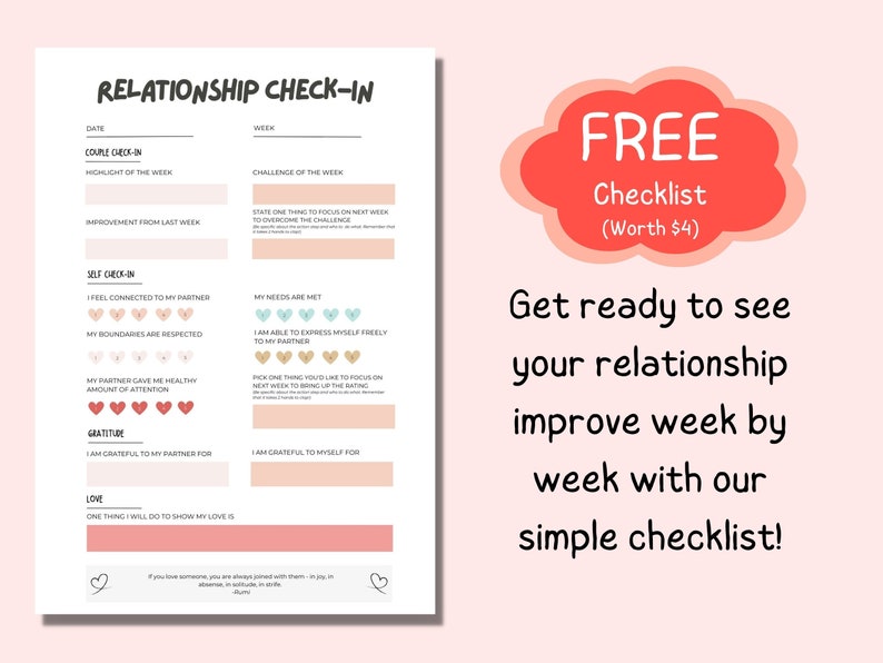 Op de afbeelding: Een roze en witte printbare relatie-check-in checklist met de tekst "RELATIONSHIP CHECK-IN" en "FREE Checklist (Worth $4)". De checklist bevat secties voor "Couple Check-In", "Self Check-In" en "Gratitude".