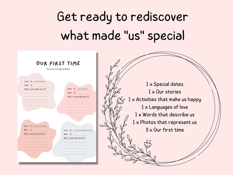 Op de afbeelding: Een printbaar werkblad met een roze en blauw ontwerp. Het werkblad heeft de titel "Onze eerste keer" en bevat prompts om te schrijven over speciale data, verhalen, activiteiten, liefdestalen, woorden die een stel beschrijven, foto's die een stel vertegenwoordigen en hun eerste keer.
