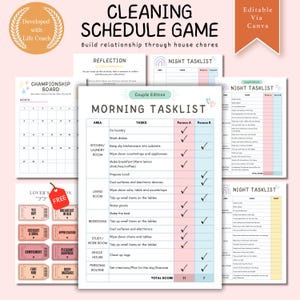 Può includere: Un gioco di pianificazione delle pulizie stampabile per le coppie. Il gioco presenta uno schema di colori rosa e blu con caselle di controllo per consentire a ogni persona di contrassegnare i propri compiti completati. I compiti sono suddivisi in categorie mattina e sera e includono faccende domestiche come lavare i panni, lavare i piatti, preparare la colazione e riordinare.