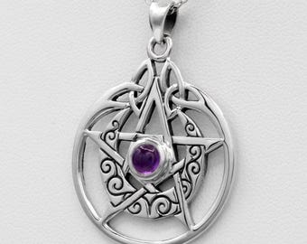 Amethyst Pentacle Pendant - .925 Sterling Silver Celtic Crescent Moon Goddess Pentagram Necklace - Wiccan Pagan Witchcraft Jewelry