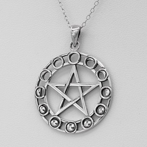 Moon Phase Pendant Necklace - Silver Pentacle Wiccan Pentagram Necklace - Protection Pentacle Amulet - Pagan Witchcraft Jewelry