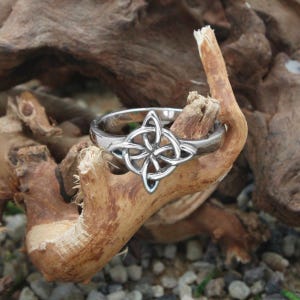 May include: A silver-colored ring with a Celtic knot design. The ring features a detailed, interwoven knot symbol at the center, set against a smooth, polished band. The ring is displayed on a piece of weathered wood, showcasing its intricate design.