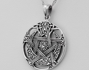 Witchcraft Jewelry - Sterling Silver Crescent Moon Pentacle Pendant 1" (25 mm) - Wicca Pentagram Necklace