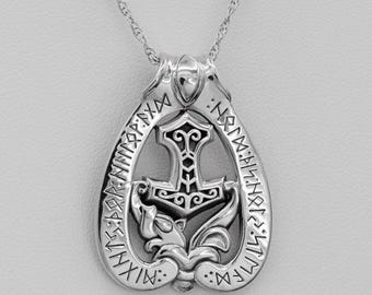 Silver Mjolnir Pendant for Women or Men - 925 Sterling Silver Thor's Hammer Necklace - Norse Serpent Viking Jewelry