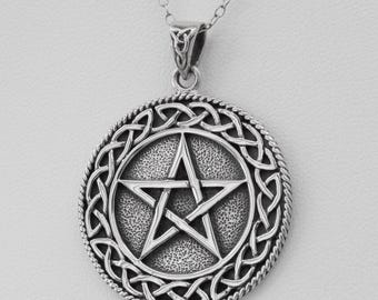 Celtic Pentagram Silver Pentacle Necklace for Men and Women - .925 Sterling Silver Large Pentagram Pendant - 1 1/8" (28mm) Protection Amulet