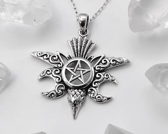 Raven Pentacle Pendant - .925 Sterling Silver Witch Raven Accessories - Pagan Pentagram Crow Wiccan Jewelry