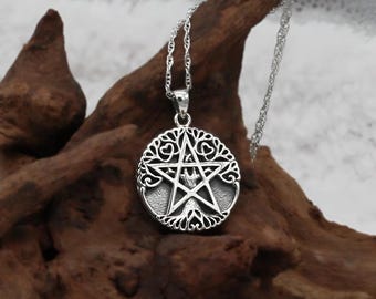Tree of Life Pentacle Pendant for Men and Women  - Sterling Silver Tree Pentagram Necklace with Chain - Wiccan Witch Jewelry