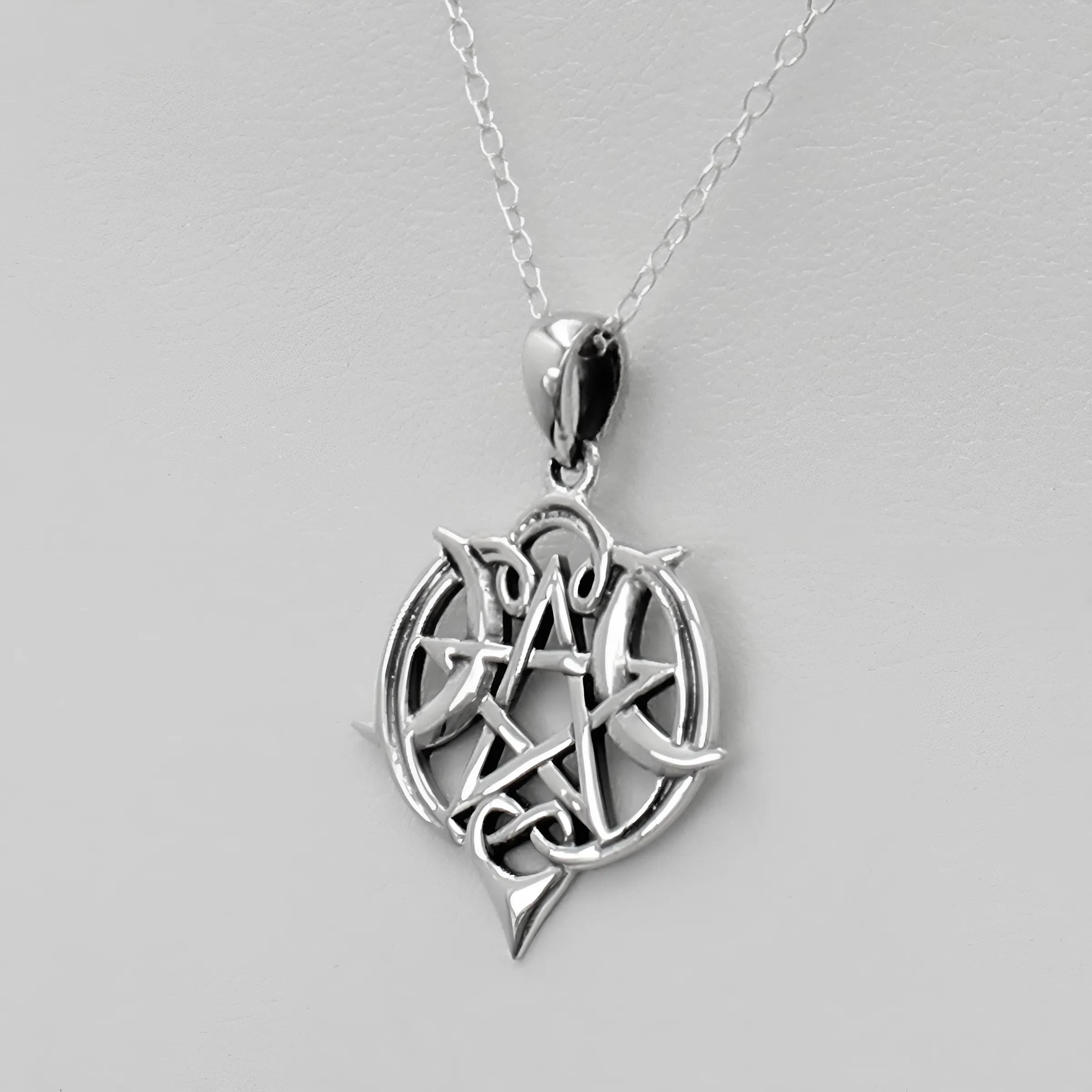 Crescent Moon Pentacle Pendant - .925 Sterling Silver Wiccan Celtic Witchcraft Jewelry, 1 1/8 Inch - View #3