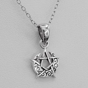 Sterling Silver Tiny Pentagram Pendant Necklace, Wiccan Pagan Small Celtic Crescent Moon Pentacle Dainty Witch Witchcraft Jewelry