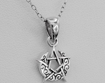 Sterling Silver Tiny Pentagram Pendant Necklace, Wiccan Pagan Small Celtic Crescent Moon Pentacle Dainty Witch Witchcraft Jewelry
