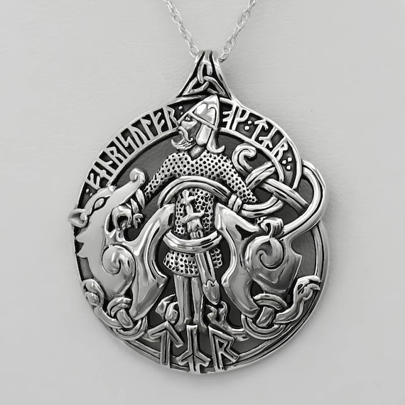 Tyr Pendant - Norse God Necklace - Large 925 Sterling Silver Viking Jewelry - Tyr and Fenrir Necklace - Fenris Wolf Jewelry for Men & Women