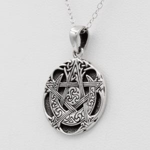 Celtic Pentacle Necklace - .925 Sterling Silver Crescent Moon Pentagram Pendant - Celtic Wiccan Medallion Pagan Witchcraft Jewelry