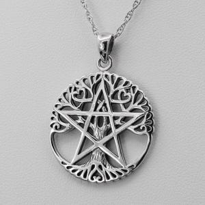 Witch Necklace - Tree of Life Pentacle Pendant .925 Sterling Silver Tree Pentagram Necklace with Chain - Wicca Witch Dryad Design Jewelry