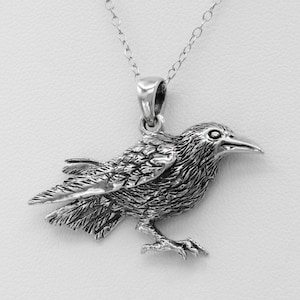 Raven Pendant Silver - Large 1.25&quot; (3.1 cm) Long .925 Sterling Silver Raven Necklace Corvid Crow Jewelry for Women and Men with Chain