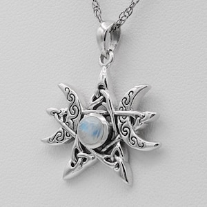 Moonstone Triple Moon Ritual Necklace - .925 Sterling Silver Witchcraft Moon and Pentagram Pendant - Pagan Necklace - Wiccan Jewelry