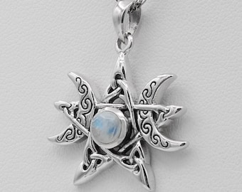 Moonstone Triple Moon Ritual Necklace - .925 Sterling Silver Witchcraft Moon and Pentagram Pendant - Pagan Necklace - Wiccan Jewelry