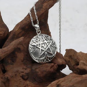 Tree of Life Pentacle Locket Necklace - Sterling Silver Wiccan Spell Locket Crescent Moon Pentagram Pendant Apothecary Aromatherapy Jewelry