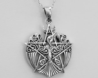Celtic Raven Pentagram Necklace - .925 Sterling Silver Dryad Design Wiccan Pagan Jewelry - Raven Crow with Pentacle and Celtic Knotwork