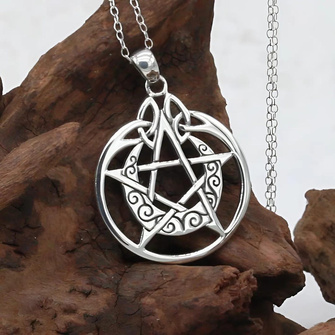 Wicca Protection Pentagram Pendant - .925 Sterling Silver Crescent Moon ...
