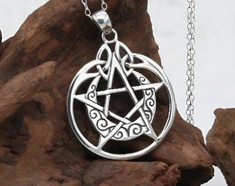 Wicca Protection Pentagram Pendant - .925 Sterling Silver Crescent Moon Pentacle - Celtic Wiccan Pagan Witchcraft Jewelry