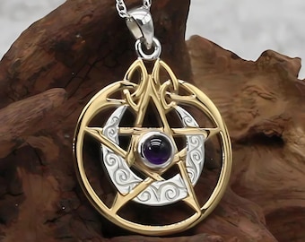 Goldene Pentakel Halskette - .925 Sterling Silber Keltischer Mond Pentagramm Anhänger mit Gold Vermeil - Wicca Hexerei Schmuck