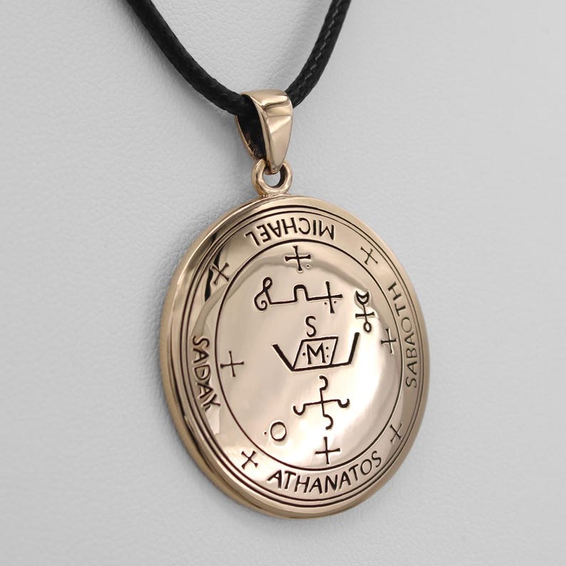 Archangel Michael Sigil Pendant Necklace - Bronze Angel Talisman with Black Cord Necklace