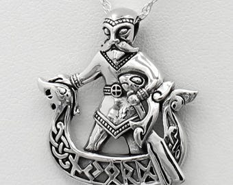 Norse God Njord on Viking Longship Necklace - .925 Sterling Silver Viking Ship Pendant with God of the Wind & Sea - Pagan Jewelry