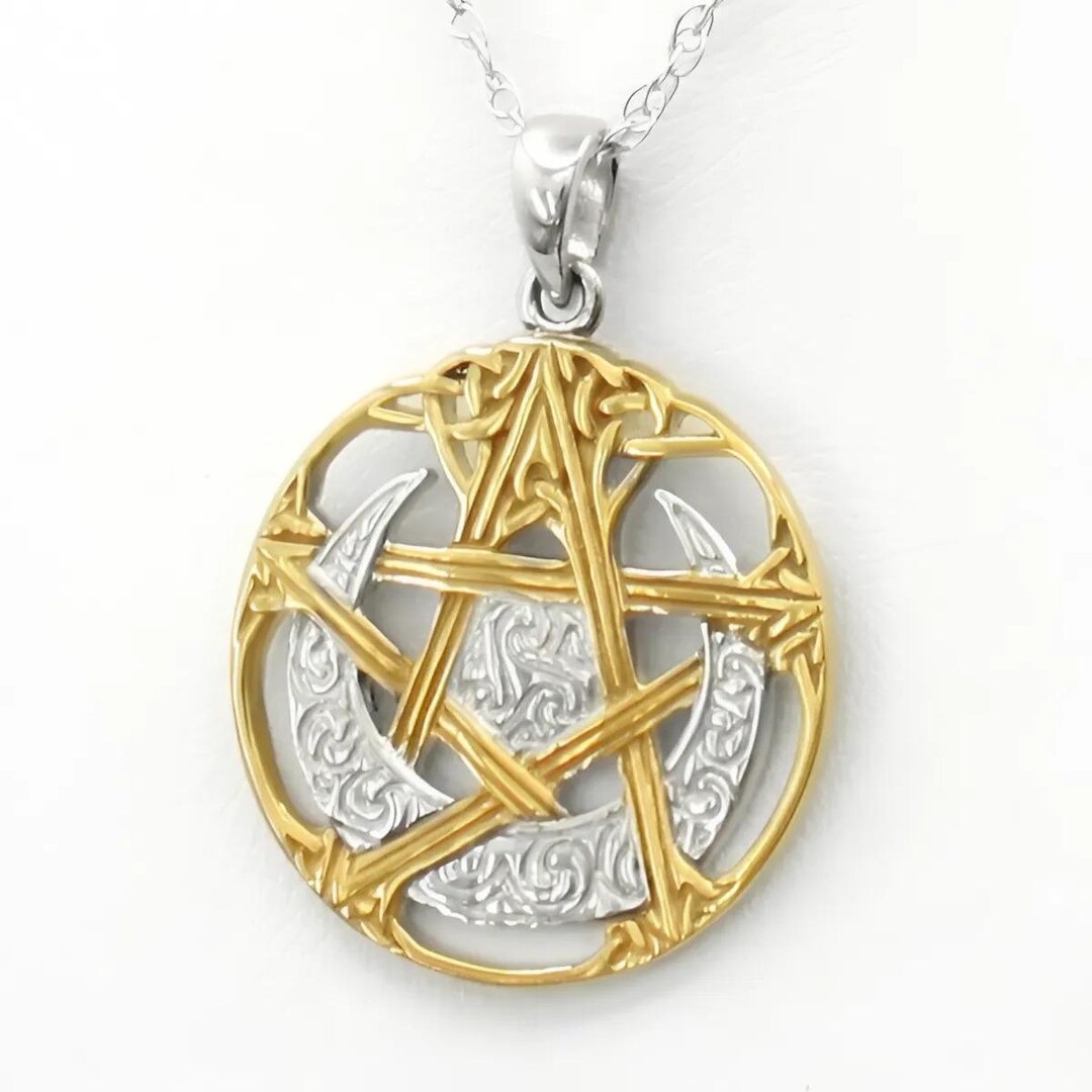 Moon Pentacle Pendant - 14K Gold Plated Sterling Silver Wiccan ...
