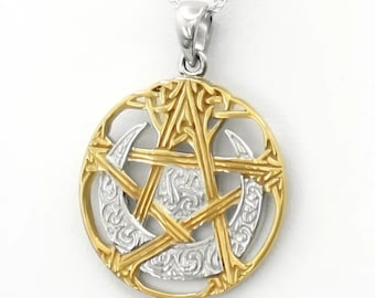 Mond Pentakel Anhänger - 14K Vergoldetes Sterling Silber Wicca Pentagramm - Keltische Hexe Halskette - Wicca Hexe Geschenk - Hexerei Schmuck